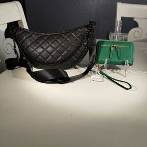 Brand New Black Quilted Shoulder-crossbody purse with new green wallet